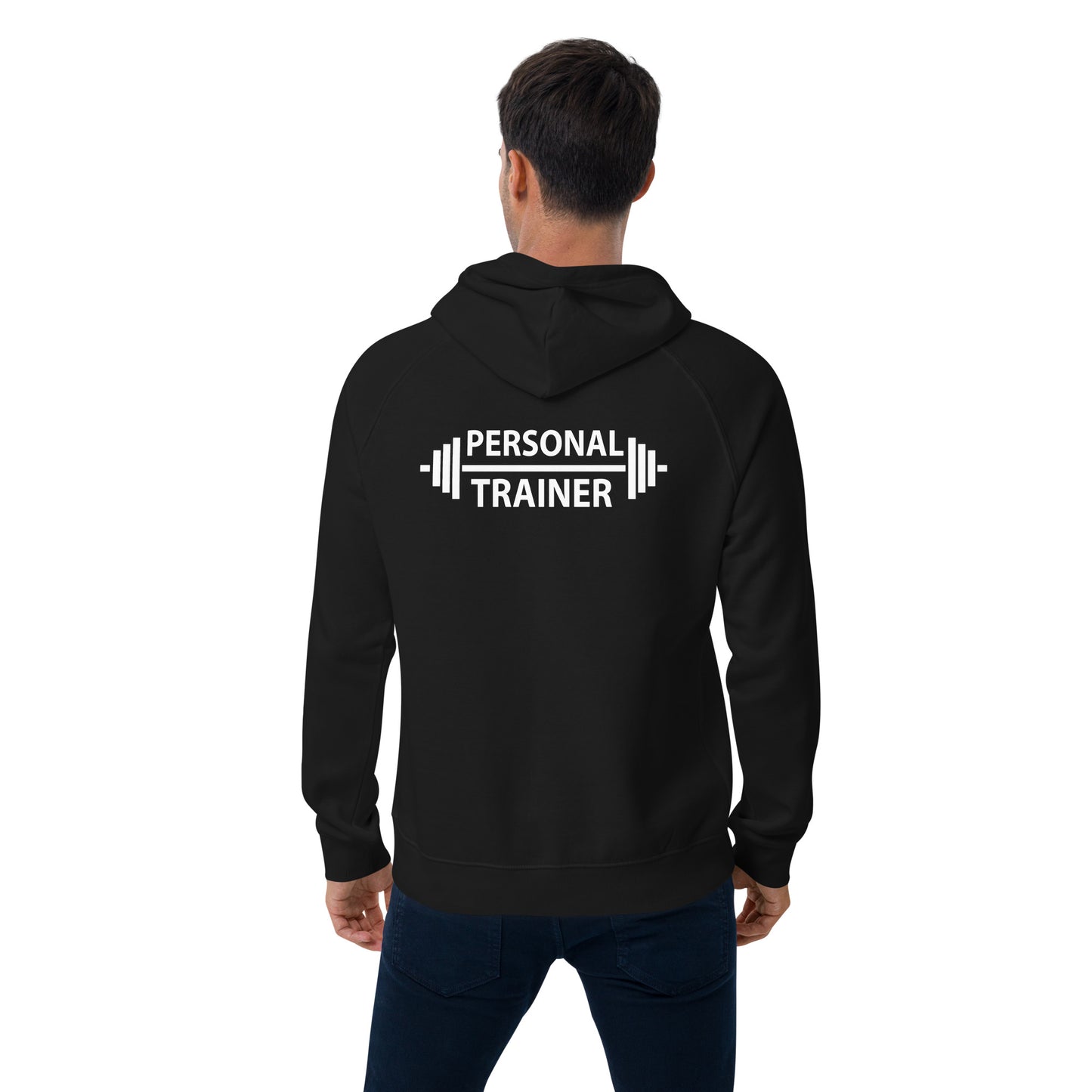 "Personal Trainer" Unisex eco raglan hoodie (back print only)