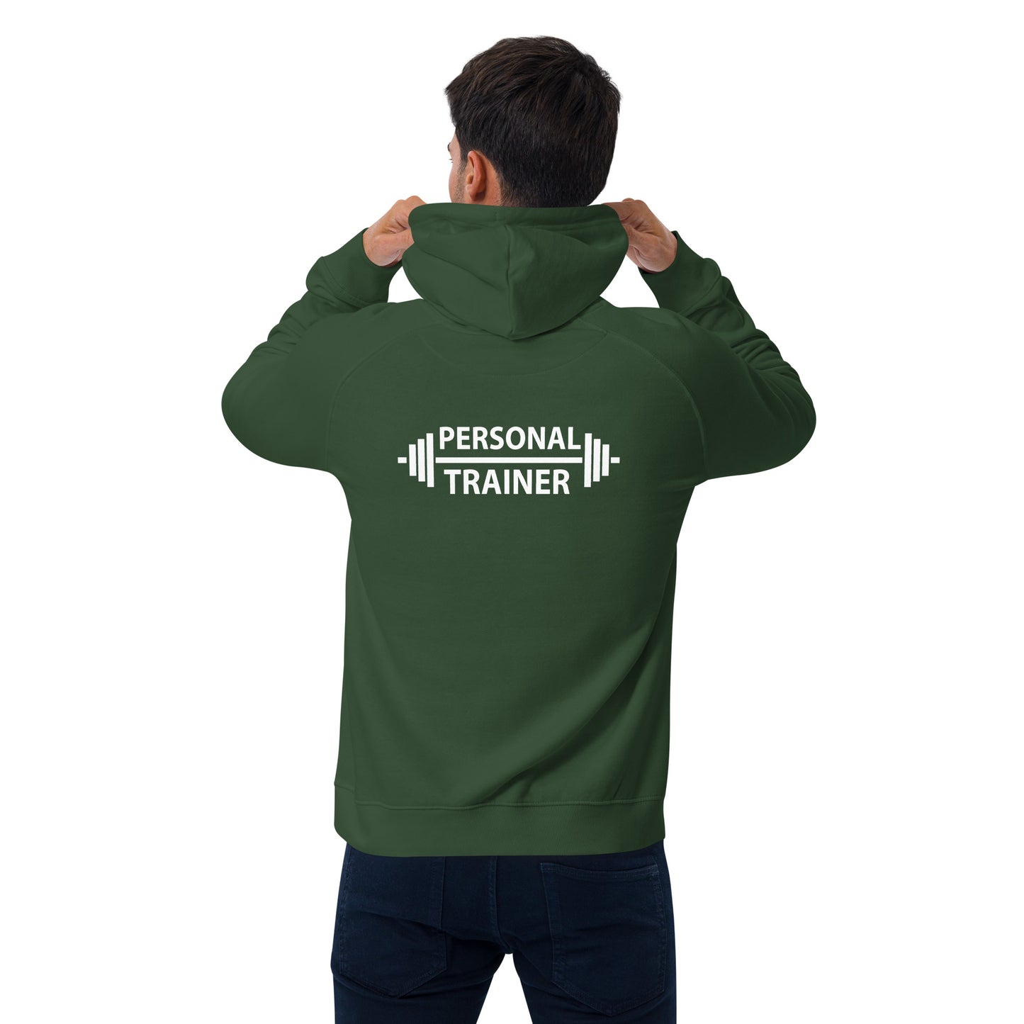 "Personal Trainer" Unisex eco raglan hoodie (back print only)