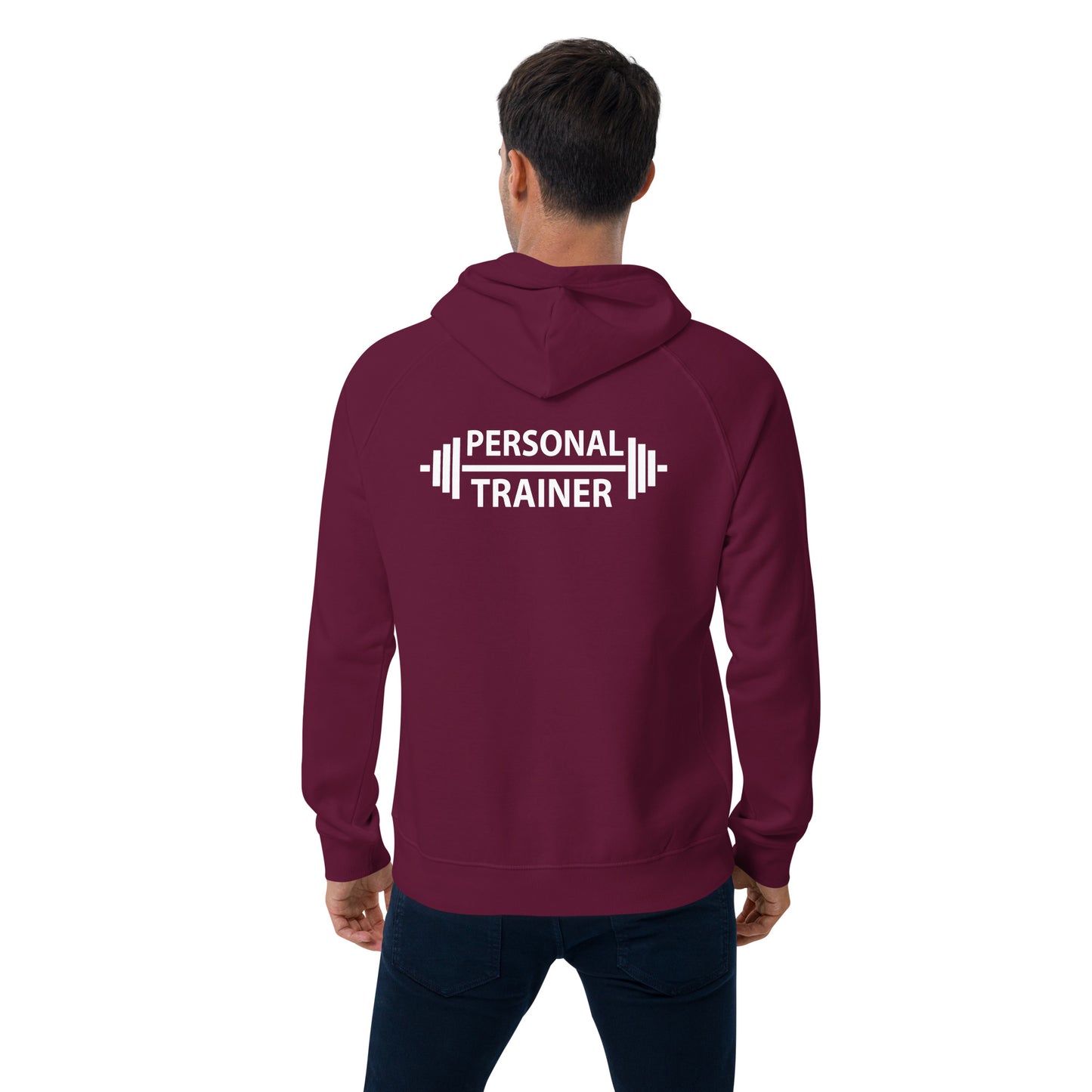 "Personal Trainer" Unisex eco raglan hoodie (back print only)