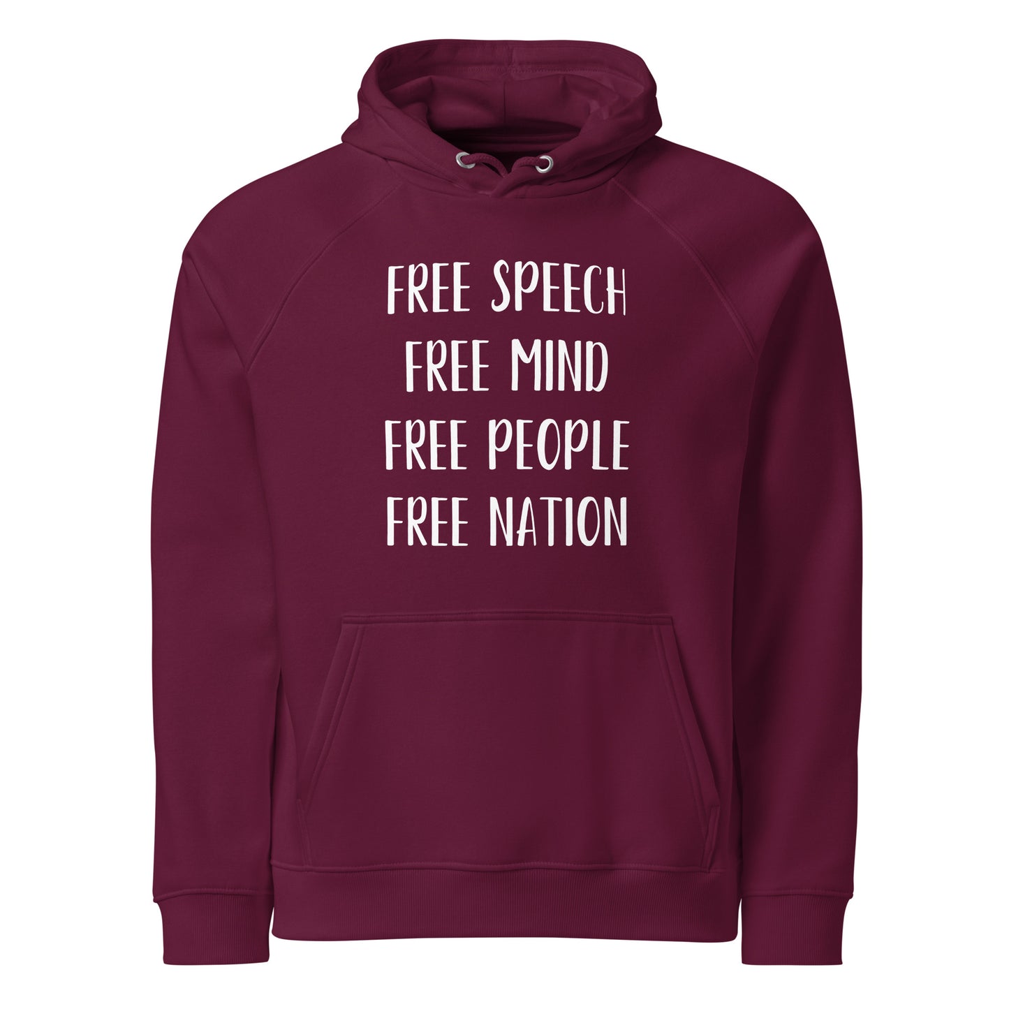 "FREE SPEECH, FREE MIND, FREE PEOPLE, FREE NATION" Unisex eco raglan hoodie