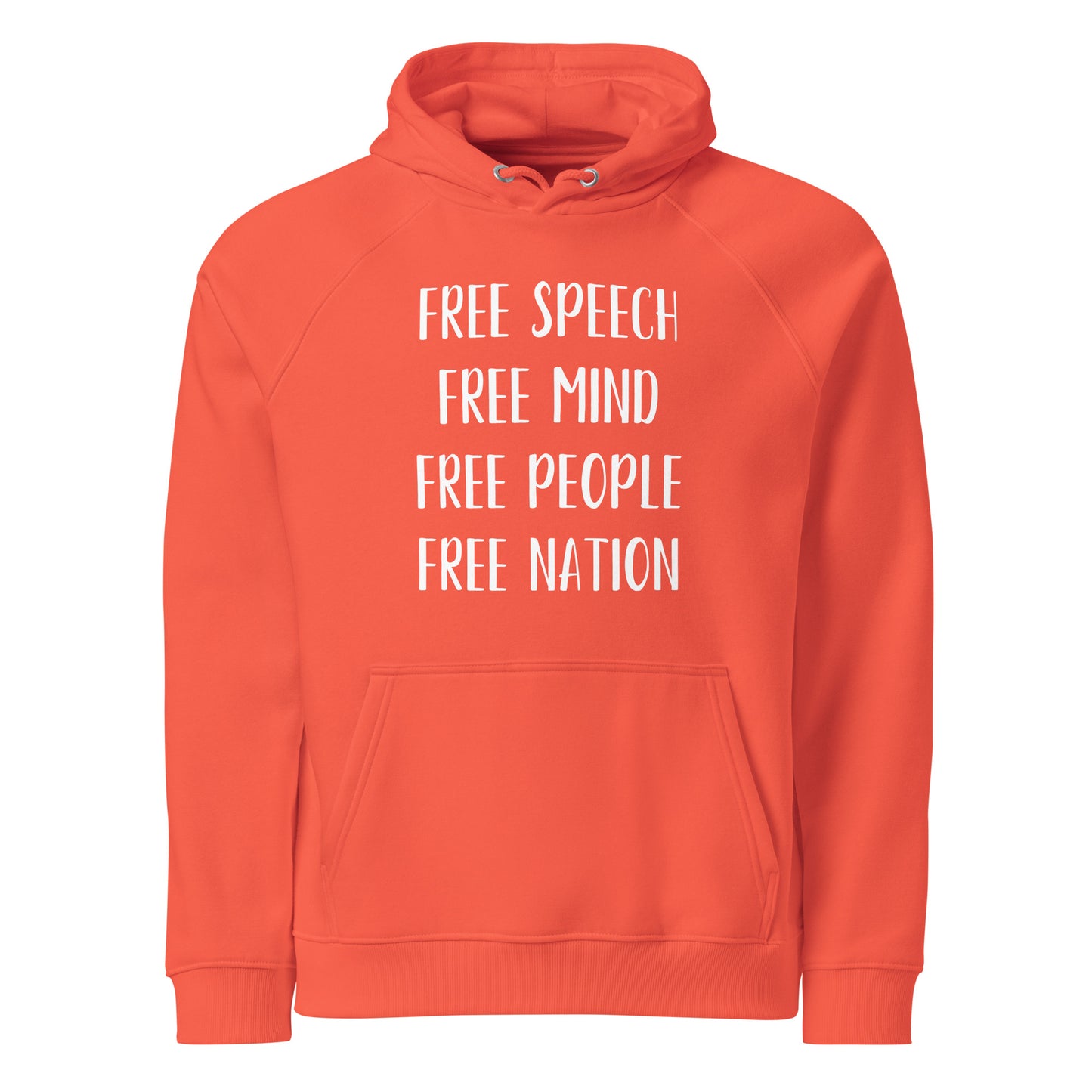 "FREE SPEECH, FREE MIND, FREE PEOPLE, FREE NATION" Unisex eco raglan hoodie