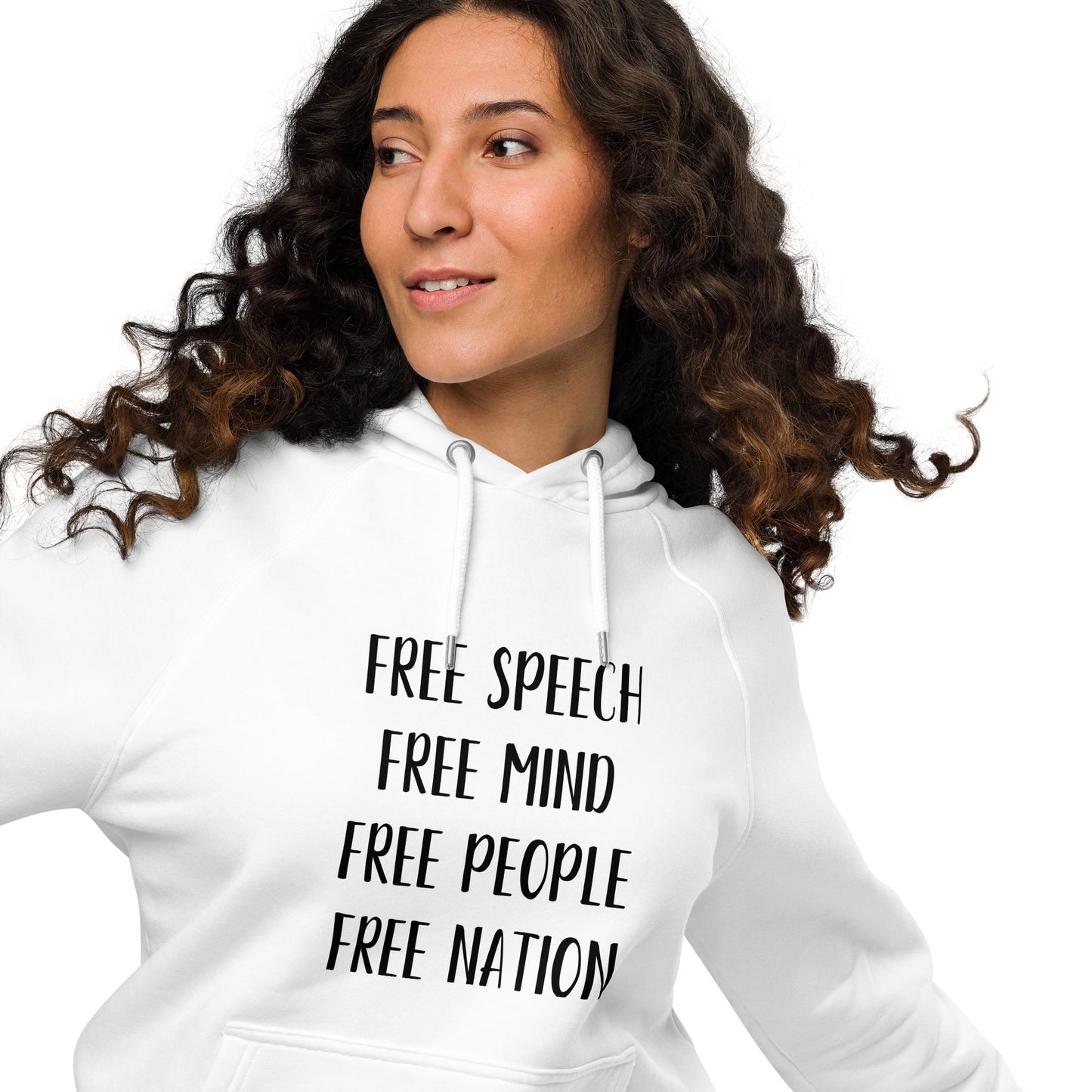 "FREE SPEECH, FREE MIND, FREE PEOPLE, FREE NATION" Unisex eco raglan hoodie